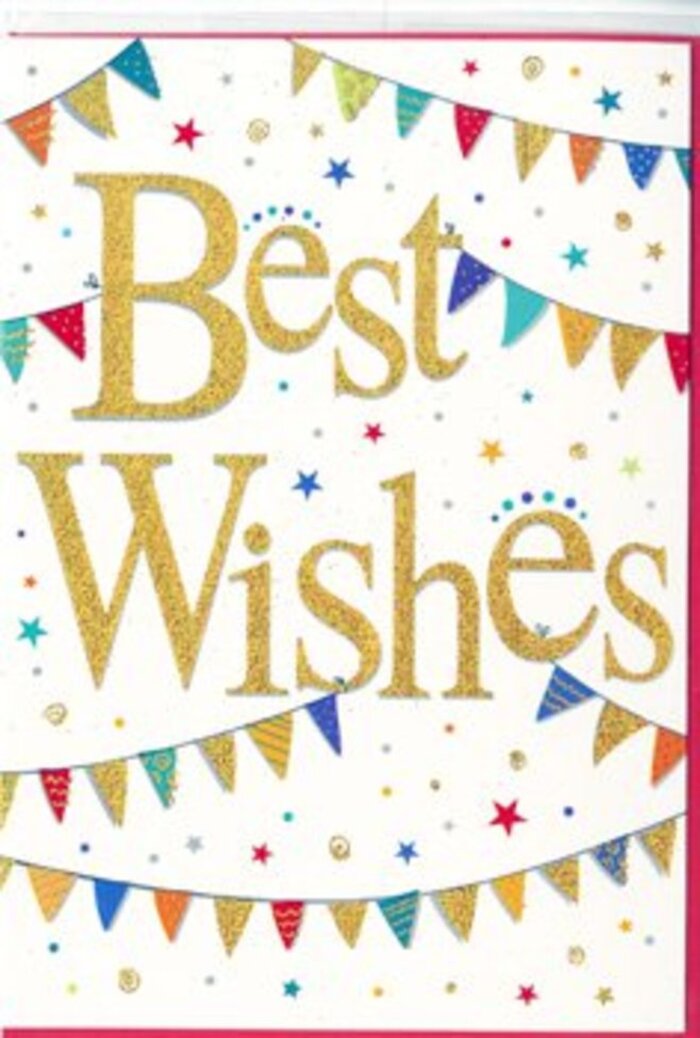 This Best Wishes card carries a bright, uplifting spirit, the sort you might feel strolling along the leafy streets around Barnes Common on a clear morning. Dominating the centre is the message itself, written in generous, looping golden script. The letters look as though they have been carefully embossed and dusted with fine glitter, creating a subtle shimmer that catches the eye without overwhelming the design. The gold stands out beautifully against the smooth, white card, giving everything a sense of clean, modern elegance. Curving above and below the words, strings of bunting sweep from edge to edge, creating gentle arcs that frame the sentiment. Each tiny triangular flag is painted in vivid hues-ruby red, sapphire blue, emerald green, sunshine yellow, and playful pink-with a delightful mixture of patterns: some flags are dotted, others striped, and a few filled with miniature mosaic-like shapes, as if each were uniquely hand-decorated. Around the bunting and lettering, tiny stars and colourful dots are scattered lightly across the white space, evoking the playful scatter of confetti at a celebration on Barnes Green. The composition is lively yet neatly arranged, leaving pockets of open background that lend an airy, uncluttered feel. This balance of joy and refinement makes the card ideal for a range of occasions: congratulating a neighbour on a new home along the river, sending best wishes for an exam or graduation, or marking a promotion in a local office. Paired with a fresh, seasonal bouquet from a nearby florist, this card becomes a small, sparkling expression of support, conveying warmth, pride, and sincere encouragement.