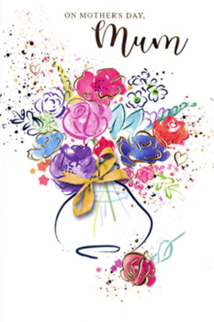 This Mother's Day card showcases a beautifully composed floral illustration, a bouquet that reads like a love letter painted in watercolour, as tranquil and heartfelt as a Sunday walk through Barnes Village. The central roses glow in vivid shades of pink and magenta, their petals unfurling in rounded forms that hint at fullness without strict botanical precision. Loose, overlapping strokes of richer pink at the centres fade into softer blush tones at the edges, mimicking the natural gradation you see when a rose catches the light. Surrounding these main blooms, daintier flowers in gentle blue, lavender, and muted purple drift in small clusters, echoing the restful atmosphere around Barnes Pond where colour appears in quiet patches rather than loud bursts. Golden ink or paint lightly outlines a number of petals and leaf edges, providing refined highlights, not as heavy gilding but as nuanced glimmers that bring a sense of depth and care to the composition. The background remains a pure white, allowing the colours to radiate clearly; faint splashes and soft, feathered edges where pigments bleed into one another suggest spontaneity and artistic freedom. Below, a softly sketched vase, tied with what appears to be a neat ribbon, forms a gentle base. The bow is suggested through subtle shading and line work rather than sharp detail, as if to keep the focus on the blossoms while still grounding the arrangement. The entire scene feels like a moment of thoughtful pause, the way one might linger in a Barnes flower shop selecting just the right bouquet. It captures the desire to wrap love, reassurance, and heartfelt thanks into a single, uplifting Mother's Day gesture.