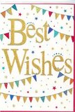 This congratulations card resembles a quiet street party in Barnes translated into paper form, full of colour yet elegantly composed. The central focus is the phrase Best Wishes, written in bold, sweeping gold script that looks softly embossed, as if a fingertip would feel its raised, glittering texture. The gold has a warm, honeyed tone that glows against the pristine white background, giving the entire card an air of simple luxury. Nestled above and below the text, delicate strings of bunting form loose arcs, mimicking the way flags might hang between lampposts near Barnes Bridge on a summery afternoon. Each miniature flag is a small burst of colour-deep reds, bright blues, fresh greens, sunny yellows, and sweet pinks-some adorned with tiny stripes or polka dots, others in unfussy solid shades. These banners introduce movement, as though a gentle breeze has set them swaying over the still surface. Scattered around them, small star shapes and circular confetti dots appear in coordinating colours, lightly peppering the white space to suggest the joyous aftermath of a toast or a heartfelt cheer. Despite its festive spirit, the design remains uncluttered, allowing the eye to rest on the message while still sensing the surrounding celebration. It's a versatile card, perfect to accompany flowers delivered to congratulate a friend on moving into a new flat near Castelnau, a colleague's promotion, or a special achievement worth marking with more than just a text. The whole effect is warm, encouraging, and full of promise-a paper expression of shared happiness that feels right at home in the welcoming community of Barnes.