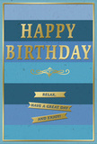 The image shows an elegantly understated birthday card, its design woven from soothing blues and warm metallic gold, much like the gentle balance of village charm and riverside calm you feel in Barnes. The card's background consists of wide, horizontal bands, each one a slightly different blue-starting with deep, inky navy and teal and gradually easing into softer, sea-toned and pale sky blues. This smooth transition of colour creates a tranquil ombre effect, as if the card itself is breathing in and out. In the center sits the main greeting, HAPPY BIRTHDAY, embossed in large, confident gold letters that rise subtly above the surface. The metallic finish shimmers softly when it catches the light, offering a quiet hint of celebration rather than a loud sparkle. Just beneath the greeting, a fine golden flourish stretches across the card, its gently curling lines adding a touch of classic romance and suggesting careful craftsmanship. Below this flourish, three slim gold banners appear one under the other, each ribbon bearing part of the easygoing message: Relax, have a great day and enjoy! The words are spaced so the eye travels downwards in a calm, unhurried rhythm. Enclosing the composition is a delicate gold border, tracing the outer edges and giving the card a neatly framed look. The surface of the card appears smooth and velvety, with the cool blues providing a soft backdrop to the gleaming gold details. You might imagine this card paired with a hand-tied bouquet from Florist Barnes, placed on a kitchen table as the morning light filters in, ready to greet someone you care about with gentle, heartfelt birthday wishes.